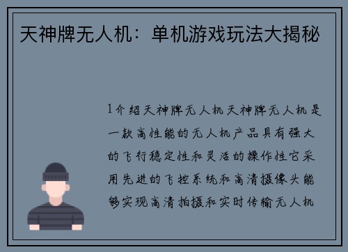 天神牌无人机：单机游戏玩法大揭秘